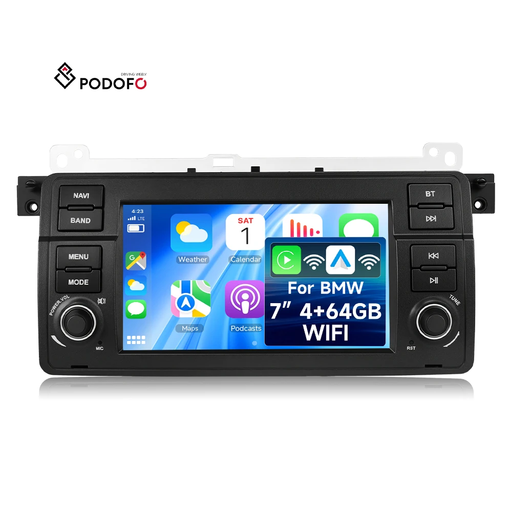 Автомобильное радио Podofo с Android для BMW, 4+64 ГБ, 7 дюймов, беспроводная система CarPlay/Android Auto, автомобильный стереоприемник, GPS, Wi-Fi, электроника для автомобилей, производитель A4675