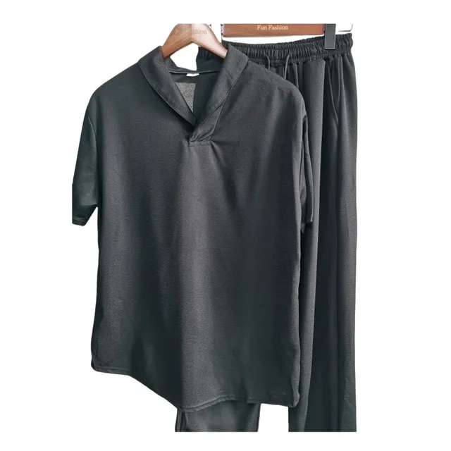 Men Black Set Casual Style Turndown Collar Short Sleeve with Pants Men Polyester Quick-drying Custom logo 2pcs Polyester Set