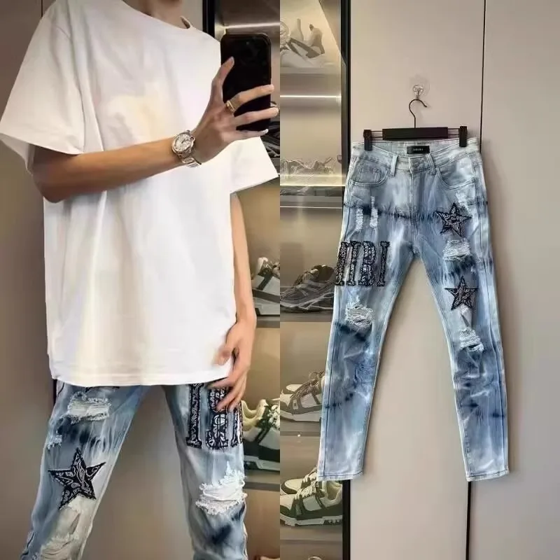 फैशन और स्ट्रीटवियर के लिए पुरुषों के जींस, नीले रंग के पेंट प्रिंटेड जींस, पुरुषों के हिप हॉप पैंट्स, पंक शैली के जींस