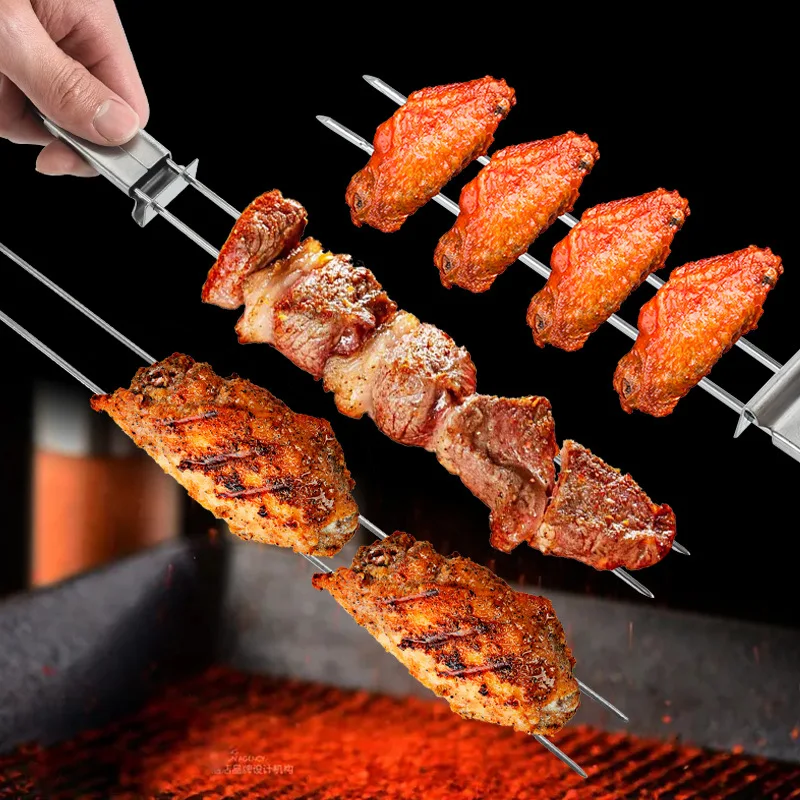 Hot Sale Reusable 13 inch Metal Skewers BBQ Shish Kabob Sticks Stainless Steel Grilling Skewers with Slider