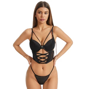 Custom OEM Printed logo Wholesale Fashion Lingerie G-string Panty Black Women Sexy Bustier Crop Top Mesh Sheer Lace Corsets Sets