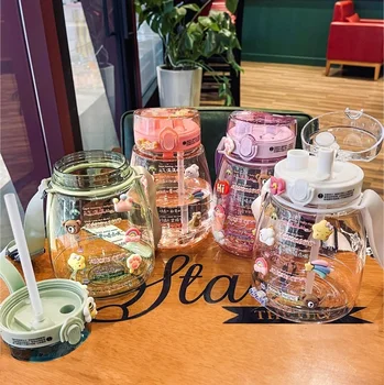 Summer High-value Student Double Drink Water Bottle Sport Gym Big Belly Plastic Water Bottle with Straw/sticker