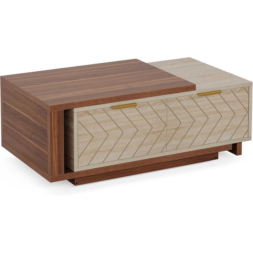 Adjustable Length Reversible Wood 42"-65" Extendable Coffee Table 2 Storage Drawers Dual-Tone Large Long Rectangular Table