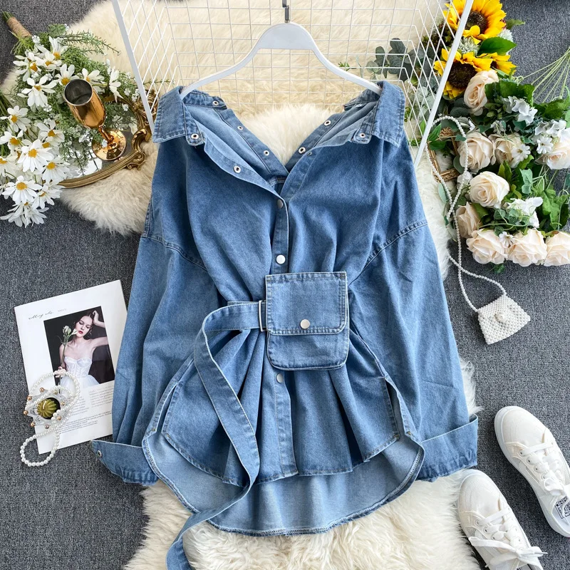 Spring Denim Blouse Jacket Women Denim Shirt Dresses Long Sleeve Distressed Jean Dress Button Down Casual Tunic Top