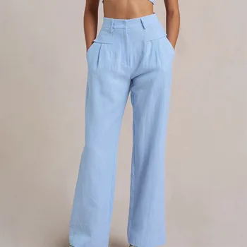 2022 summer wide leg trousers straight cotton linen fashion all-match blue casual pants women's clothing