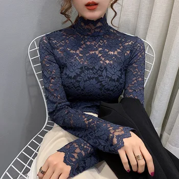 Sexy Lace Hollow Out Short Blouse Casual Lantern Long Sleeve Stand Collar Shirts Female Elegant Blue Red White Loose Tops
