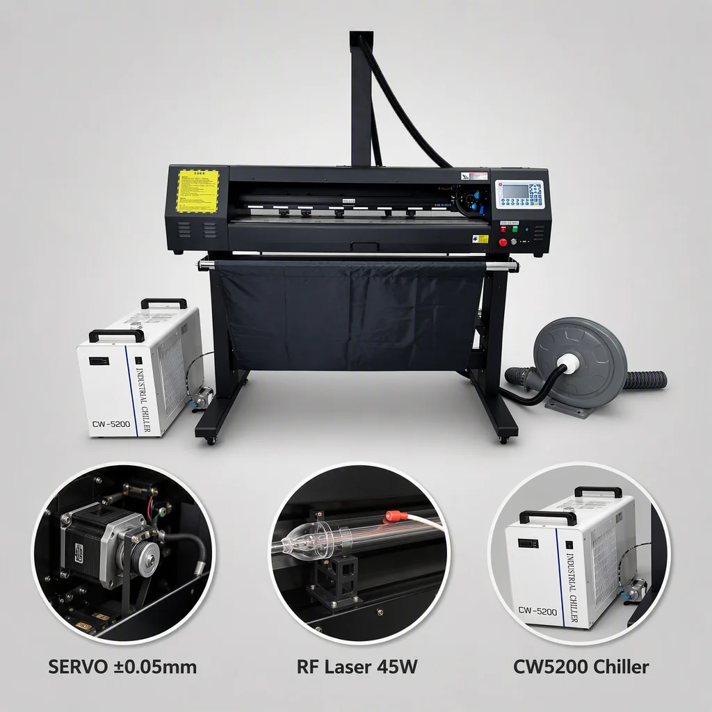 Industrial Automatic 45W RF Laser Cutting Machine 980mm ±0.05mm High Precision for Fabric Leather Garment Signage