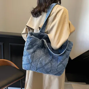 Customized Denim Shoulder  Bags  Quilted Puffer Design Jeans Tote Bag  Printed Logo Durable for Beach Use