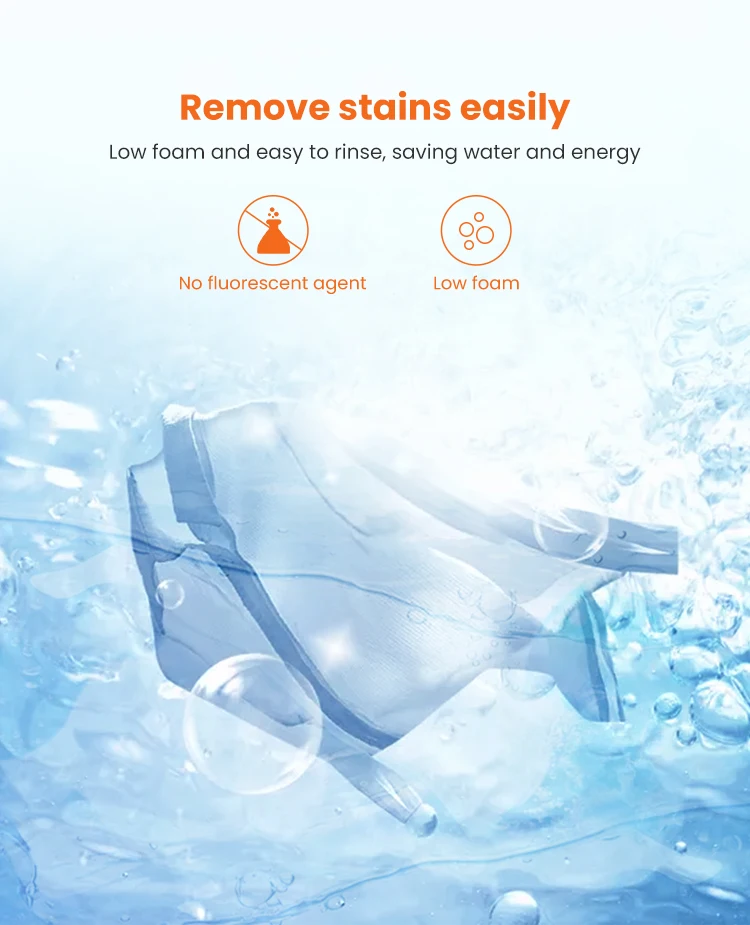 Remove stains easily, Low foam and easy to rinse, saving water and energy