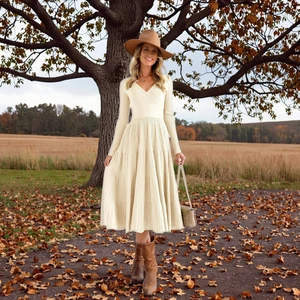 Womens Solid Autumn Casual Natural Long Sleeve A-Line Fit Maxi Dress Wrap V-Neck Pleated Flare Elegant Knit