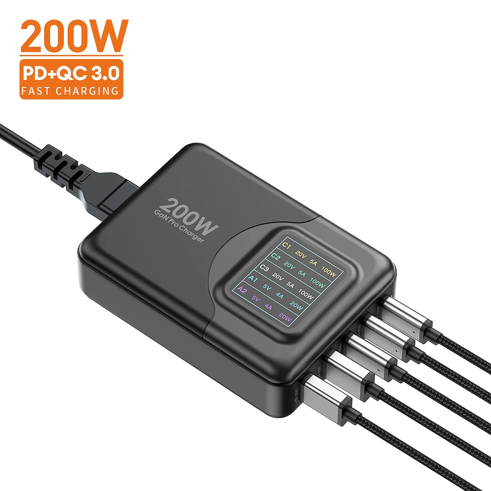 GaN Tech 200W LED Intelligent Digital Display USB Charging Station PD Fast Charger for MacBook Pro/Air for iPhone 13 12 Pro Max