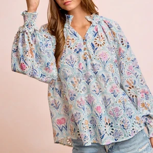 Women Boho Floral Eyelet Blouse Long Sleeve Vintage Print V Neck Button Down Shirt with Smocked Cuffs
