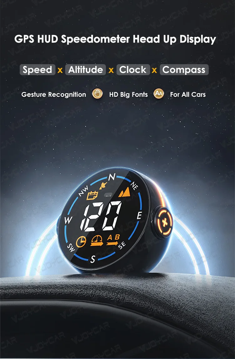 Vjoycar General Hud Car Gps Speedometer Compass Hands Free Round HUD Head Up Display MPH KMH Overspeed Alarm for Energy Vehicles