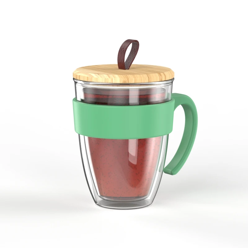 Ecofriendly Wood Lid With Silicone Handle High Borosilicate Glass Cup