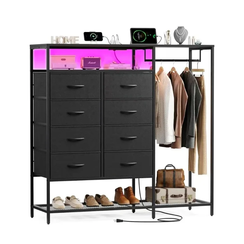 black fabric dresser Wlive Fabric Dresser with 8 Drawers Led Light Power Station main image 1