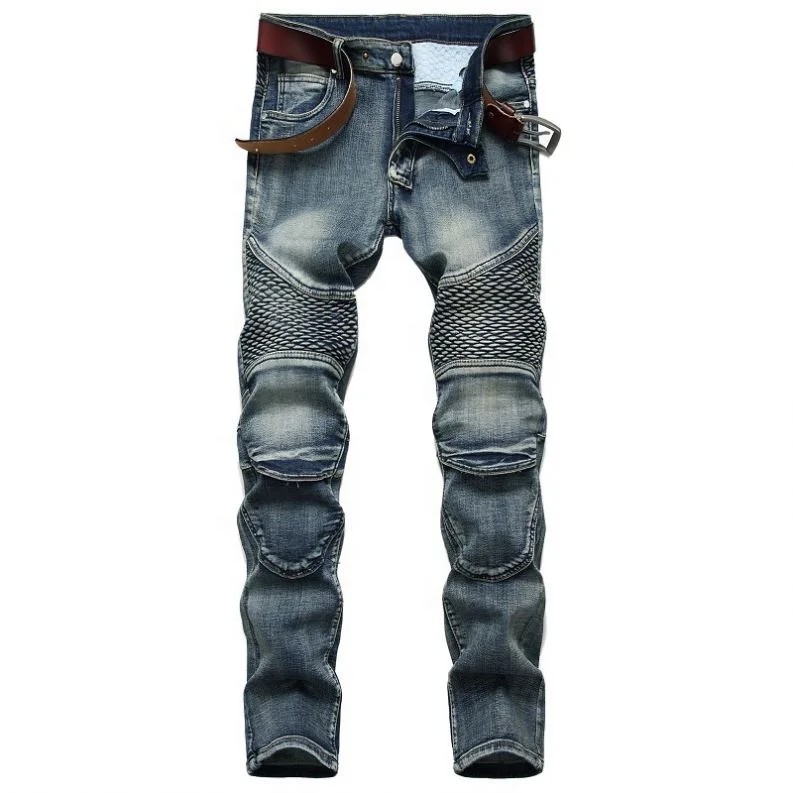 Jeans Men Riding Knee Brace Pants Nostalgia Motorcycle Jeans Slim