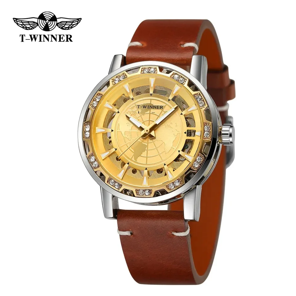 WINNER Mechanical Watch for Men Business Classic Diamond Watches Luxury Genuine Leather Strap Waterproof Golden Wristwatches