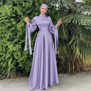 In-Stock Cross-Border Elegant Polyester Abaya Dress Muslim Women Satin High-Dense Sardine Soft Waist Sleeveless Ankle Length