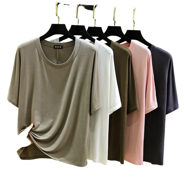 Women's modal solid t-shirt round neck sleeve short  summer casual top thin and loose oversized bottom for home clothing