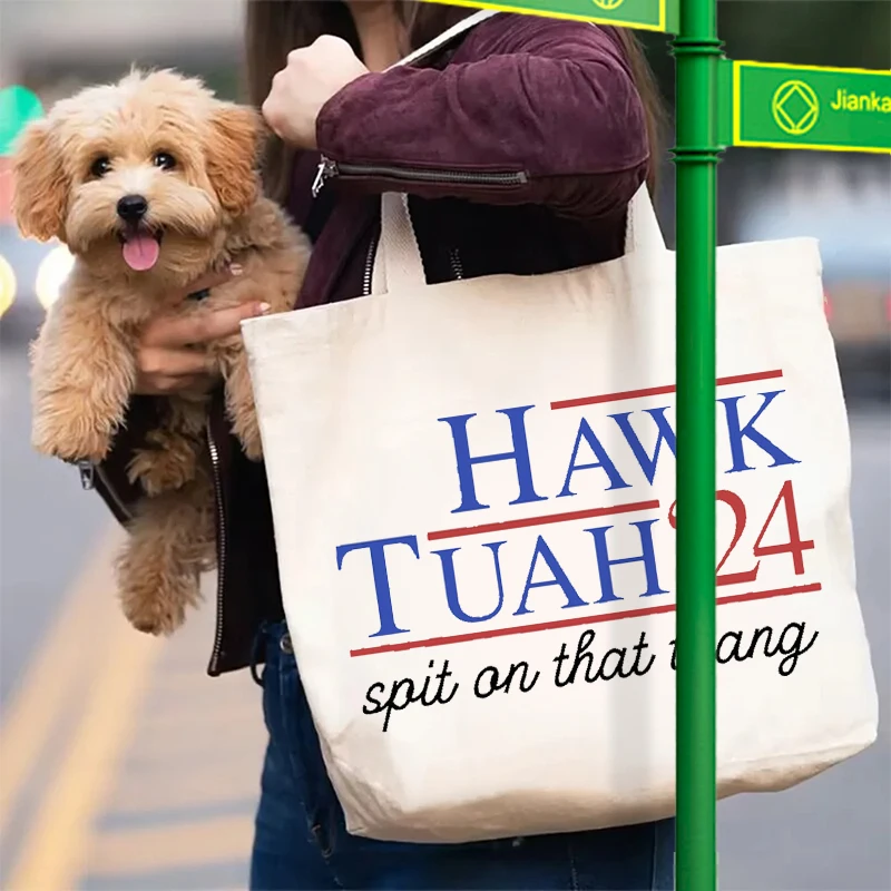 1pc Hawk Tuah Spit on That 2024 Pattern Tote Canvas Personalized Shoulder Bag for Travel Women's Reusable Shopping Bag