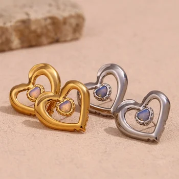 Heart Jewelry Gemstone Stud Earrings For Women Hollow Gold Plated Jewelry Stainless Steel Earrings