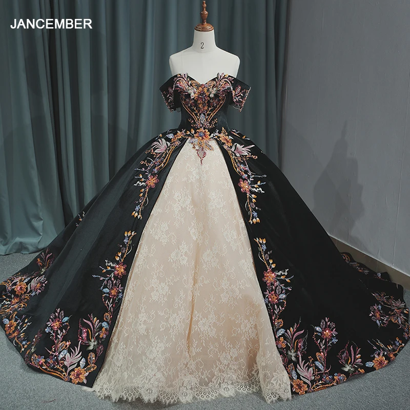 Wholesale Black Lace Appliques Ball Gown Cathedral Train Prom Formal Dresses,1 Piece