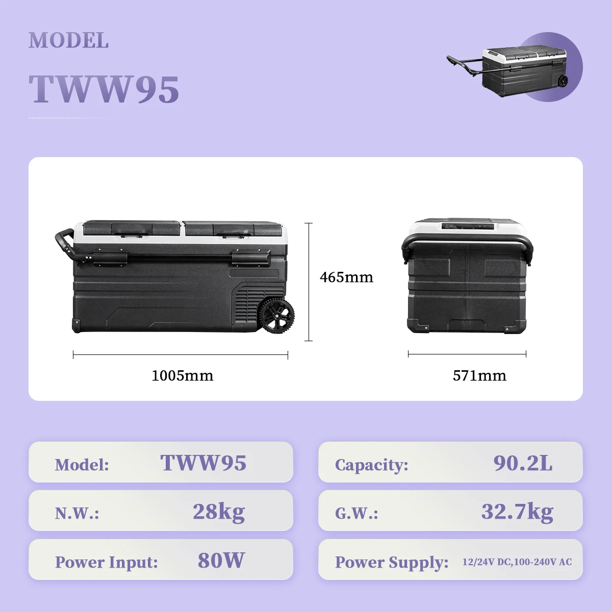 Alpicool TWW95 95L Dual-Zone Car Fridge with Wheels & Handle