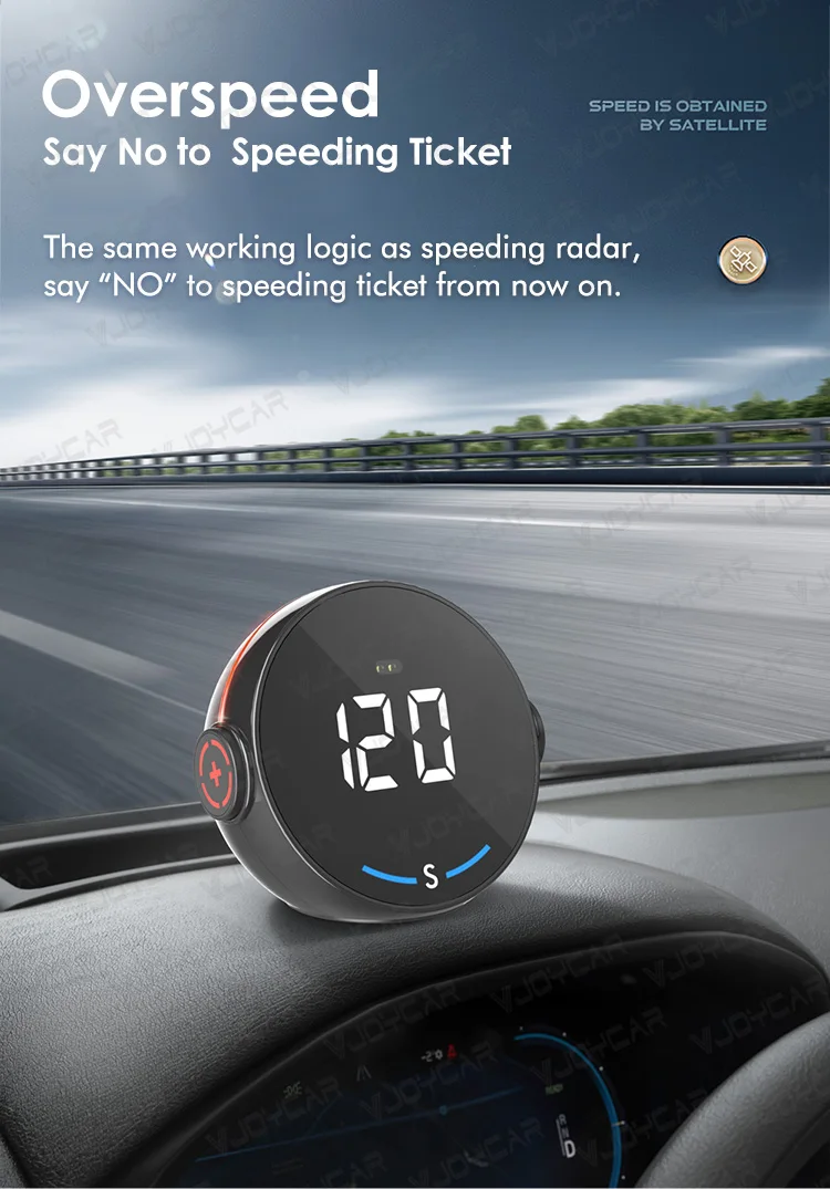 Vjoycar General Hud Car Gps Speedometer Compass Hands Free Round HUD Head Up Display MPH KMH Overspeed Alarm for Energy Vehicles