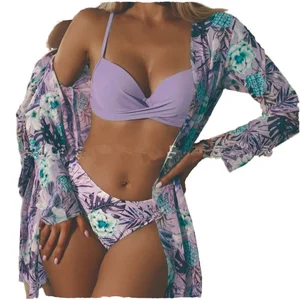 New Three Piece Floral Bikini Set with Anti-Bacterial Cover-Up for Women