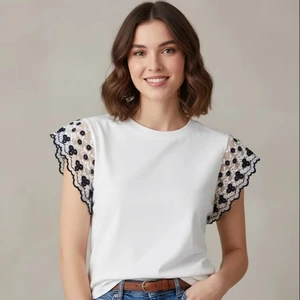 LYG Custom High Quality Lace Flower Sleeve Women's T-shirt Cotton Tshirt for Women Casual t Shirt for Women Ladies Ropa De Mujer