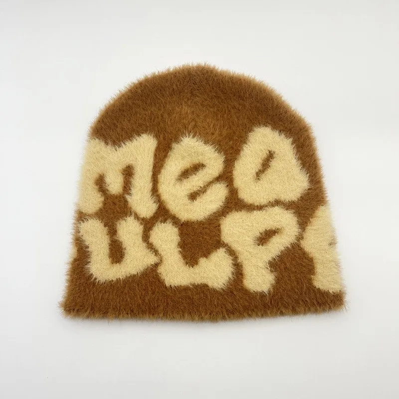 2023 Custom Logo Plush Jacquard Beanie Hats Furry Fuzzy Knitting Beanie for Autumn Winter Travel Mohair Hat
