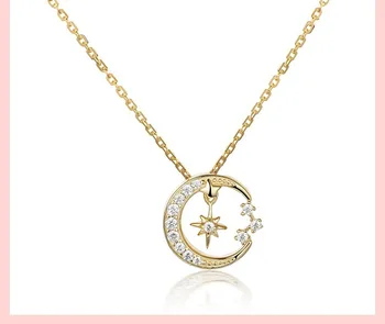 RFJEWEL New Classic Shiny Star Moon Zircon Sterling silver Gold Plated Trendy Jewelry Accessories Necklace