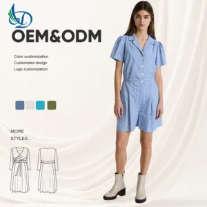 Casual Blue Striped Summer Romper with High Waist Skinny Fit Above Knee Design for Office Parties