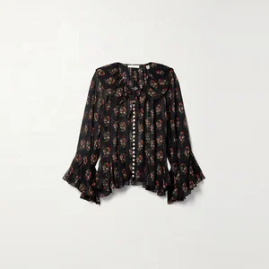 Clothing Manufacturer Custom Spring Autumn Black Long Sleeve Print Elegant Casual Women Silk Shirt
