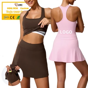 Women's Active Fitness Yoga Wear Sets Tennis Skirt Tops Breathable Lining Shorts with Pocket