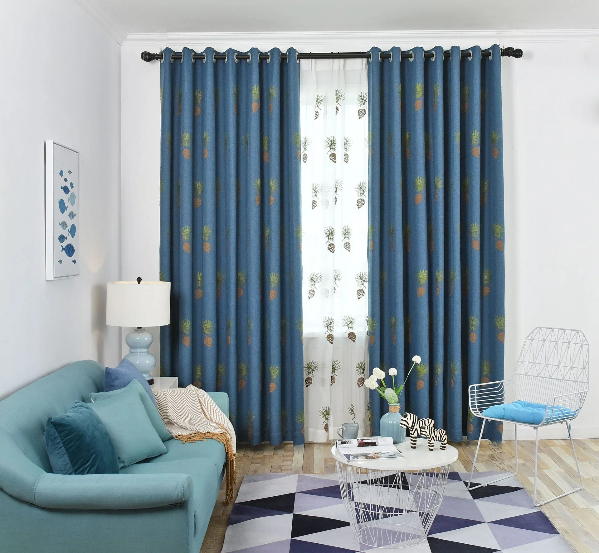High Quality Embroidered Curtain Polyester Linen Pine Cones Embroidered Decorative Curtains for the Living Room
