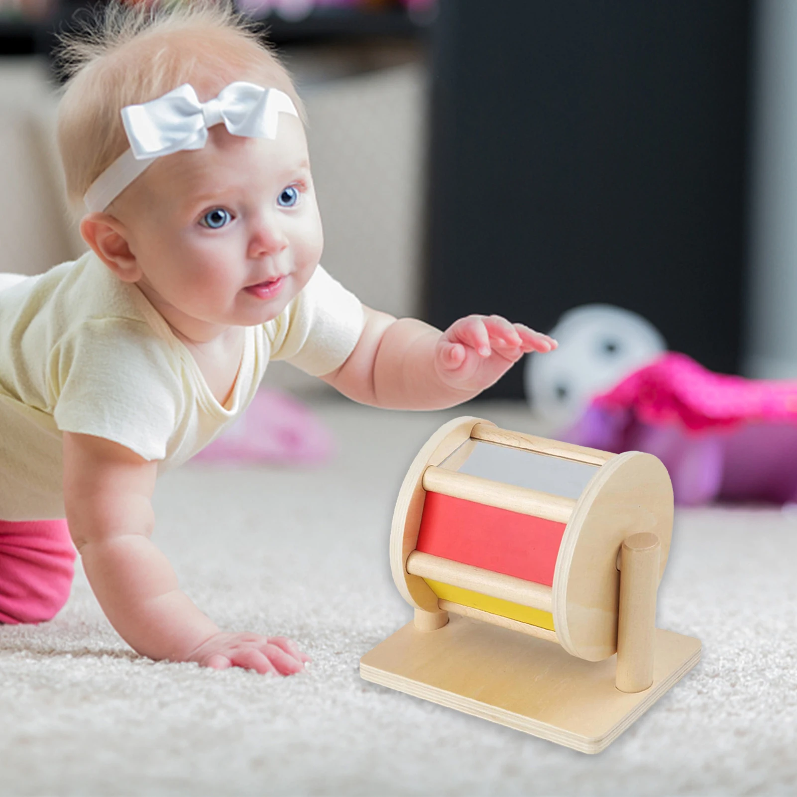 Wooden Baby Roller Spinning Rainbow Drum Sensory Development Toy