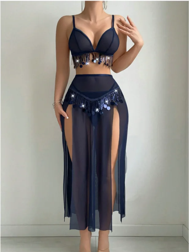 European American New Style Sexy Women Latin Dance 3D Embroidery Breathable 2 Piece Chiffon Lingerie