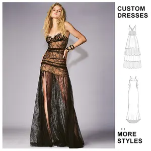 Custom LOGO OEM Women New Fashion Elegant Black Pleated Lace Halter Sleeveless Long Dress Women's Evening Dress
