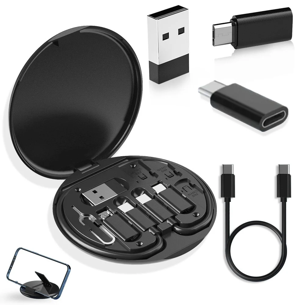 60W Fast Charge 6-in-1 USB Adapter Cable Kit with Type-C Micro SIM Card Holder for Mobile Phone Traveling