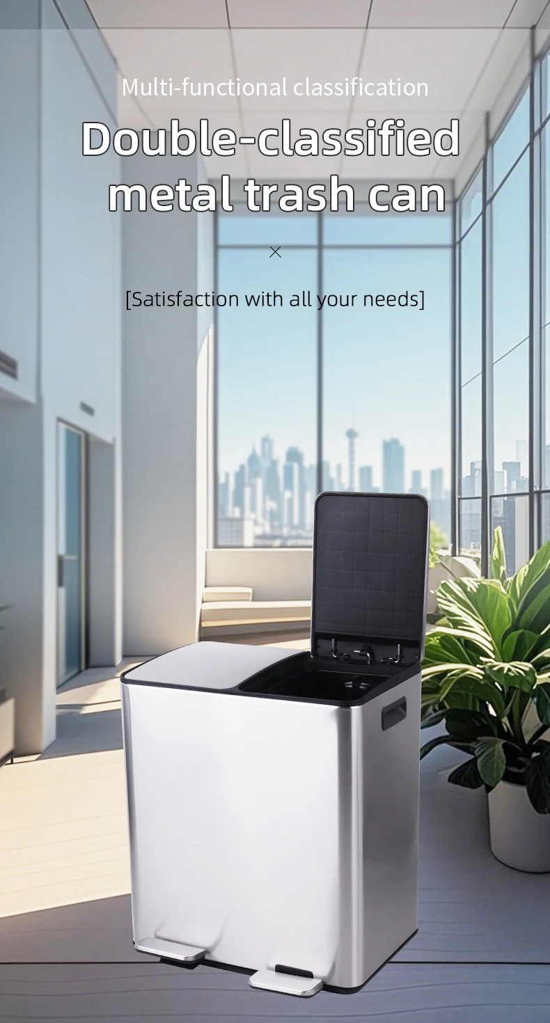 Trash Can Stainless Steel Double Compartment Classified Kitchen Trash Can with Plastic Inner Buckets 2 X 30 Liter Dual