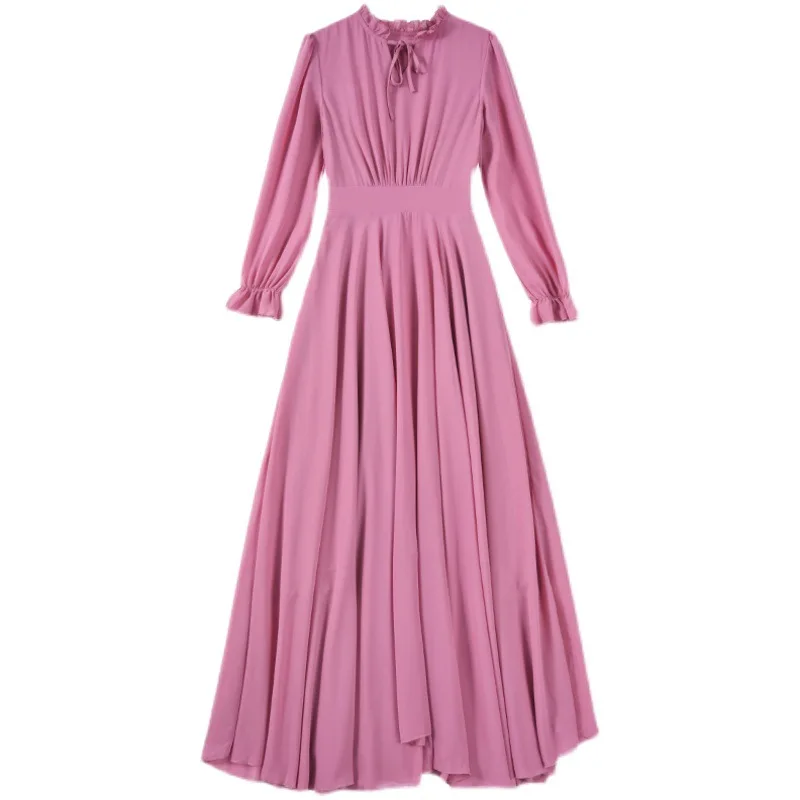 Women's Fit And Flare Chiffon Long Sleeve V Neck Maxi Dress Wide Hem ...