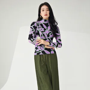 Miyake Women's High Quality T-Shirt Casual Style With Turtleneck Neckline Sustainable Compressed Pleated Design