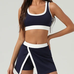 Custom High Quality Quick-Drying  Fitness Suit Breathable Tennis Wear-Contrast Colors Sports Bra Short Skirt Set