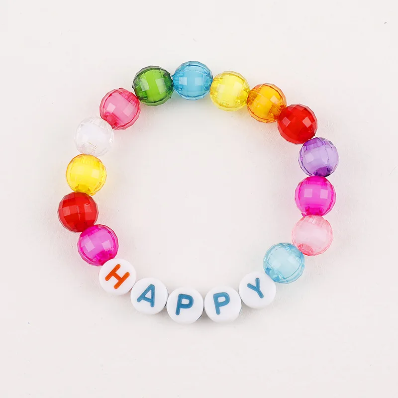Mixed Bead Party Bracelet. Handmade. Elasticated. Rainbow Colours. Smileys, Flowers, Hearts and Stars. Super Cute and Colourful.