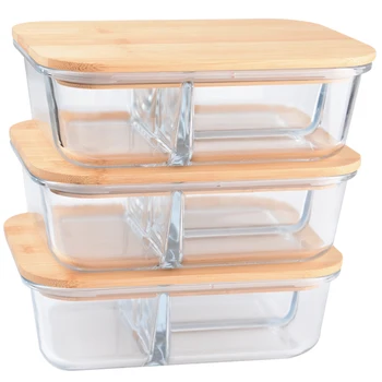 Meal Prep Bamboo Lid Compartment Glass Food Storage Container Glass ...