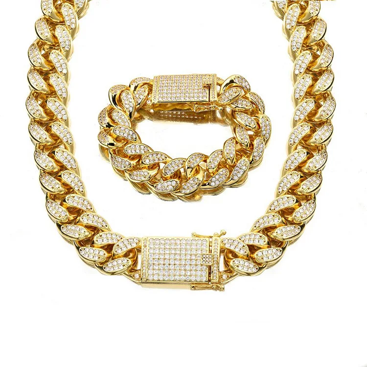 18MM Stainless Steel Gold Necklace Titanium Steel Bracelet Set Cuban Chain