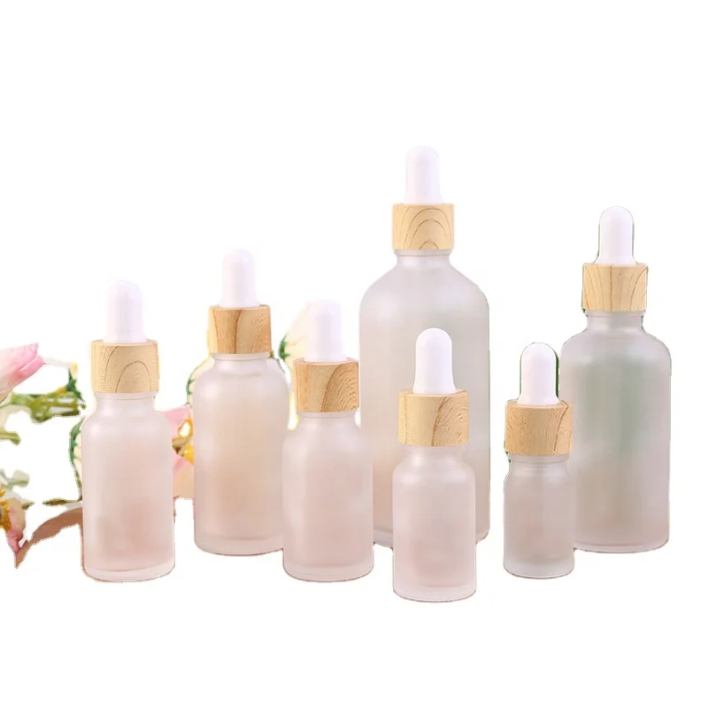 Frosted Essential Oil glass bottle supplier serum glass bottle Dropper bottle with Plastic environmentally wood grain ring