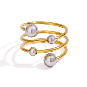 MW Women's Personality Geometric Ring - Silver & Gold-Plated, Multi-Layer, Two-Tone Stainless Steel with Round Ball Design