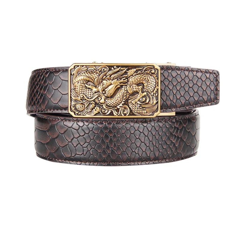 Genuine Leather Men Belt Designer Dragon V Buckle Cowboy Luxury